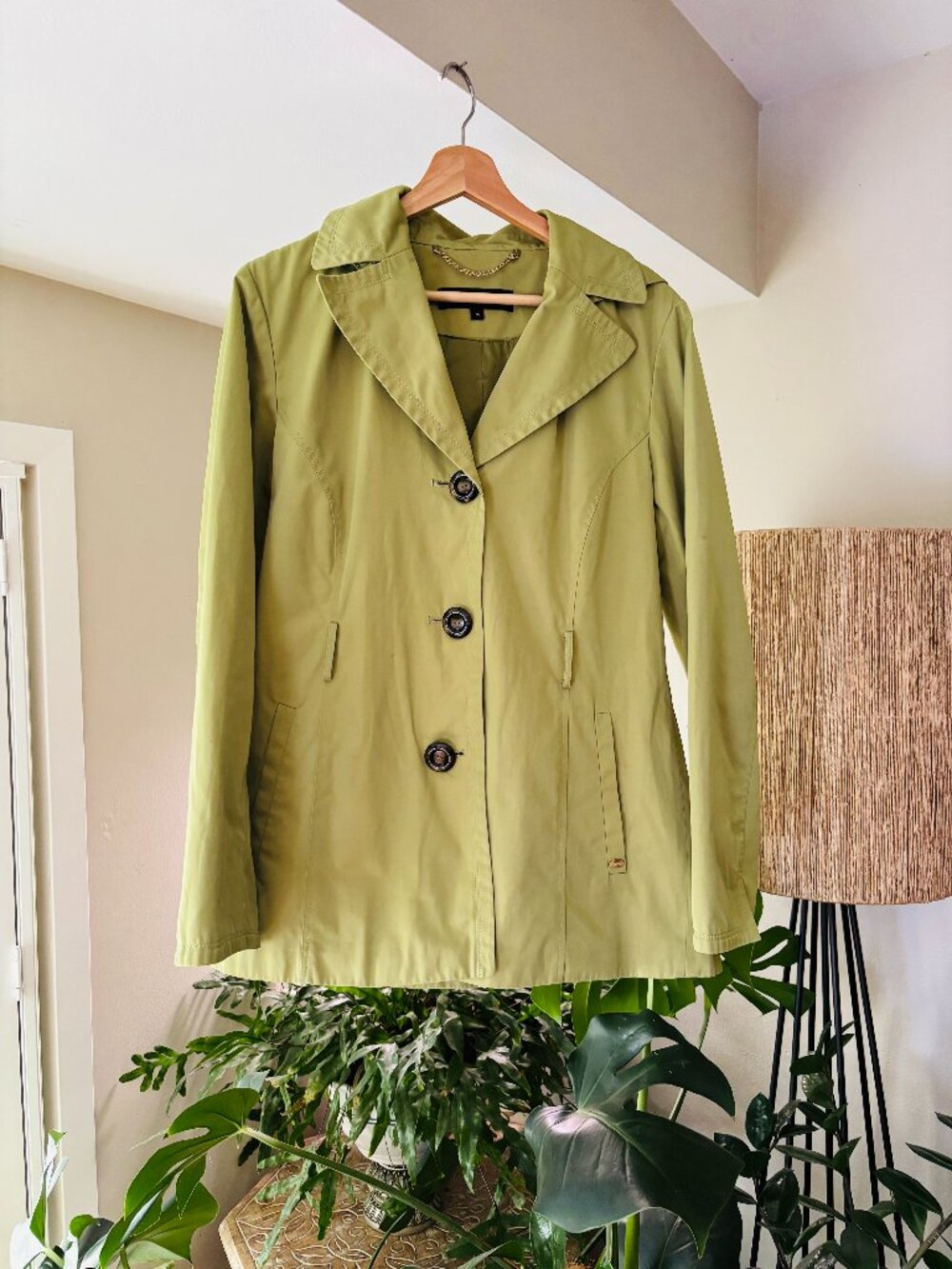 Ellen Tracy Chartreuse Pear Green Trench Hooded Rain Jacket Women’s Size M